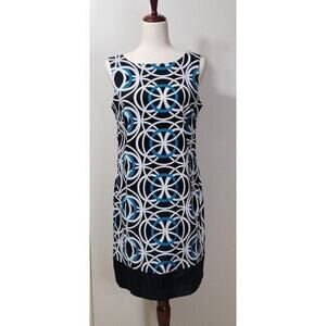 AB Studio Women’s Dress Sleeveless Size 10 Casual Black White Teal Blue Pattern